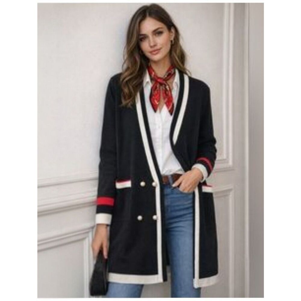 Zara Knit Black Pearl Button Varsity Cardigan Size L